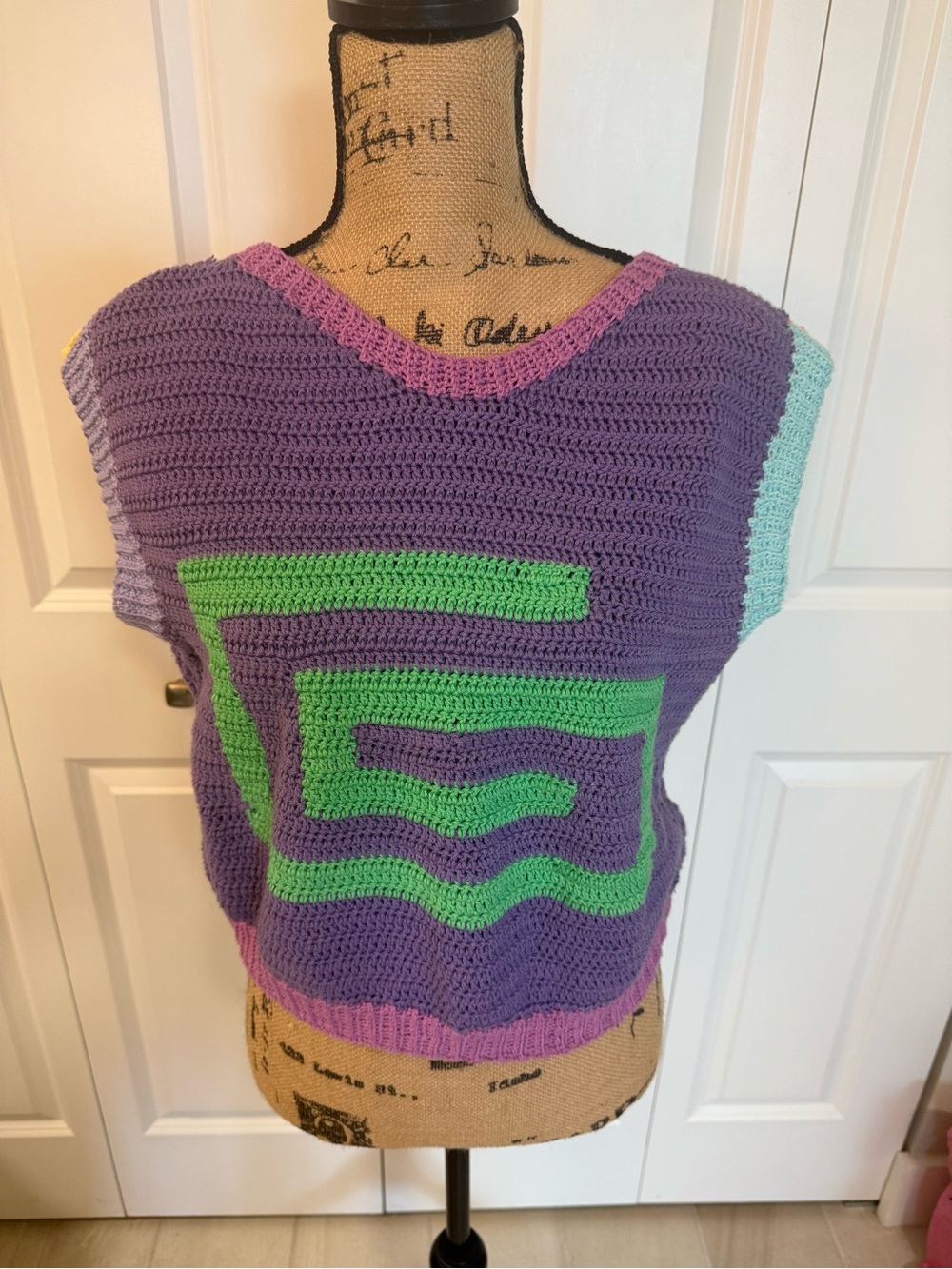 Handmade Purple Crocheted Vest with Colorblock Trim